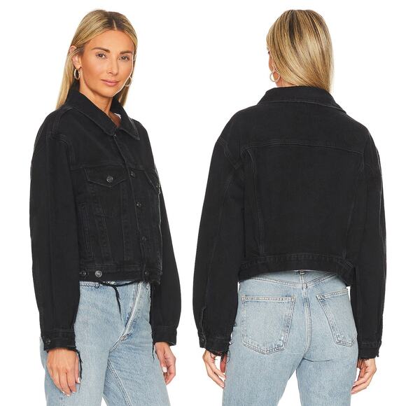 AGOLDE Shrunken Charli Denim Jacket Women’s Size Small Black Raw Hem - Picture 1 of 6